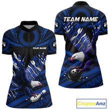Load image into Gallery viewer, Custom Blue Tribal Pattern Polynesian Eagle Bowling Women Polo Quarter-Zip Shirts, Bowling Team Attire NYN3688