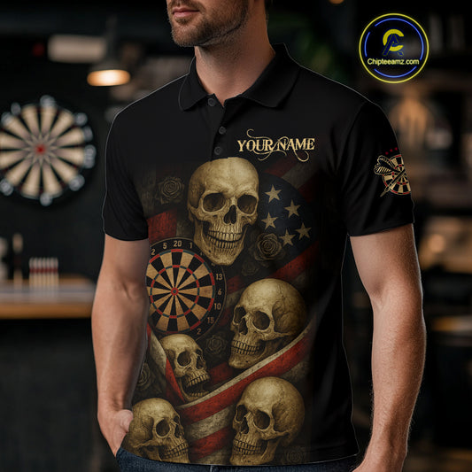 Custom Grunge Skull Dartboard Patriotic Dart Men Polo Shirt US Flag Dart Jerseys NYN1562