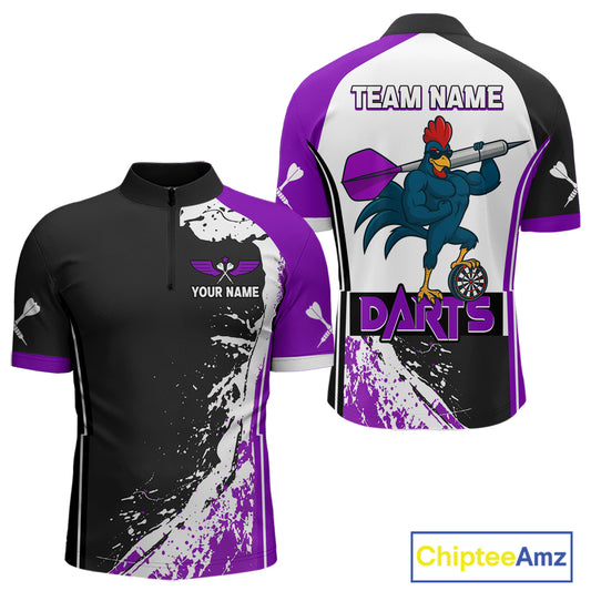 Purple Fiery Rooster Fury Dart Arrow Men Funny Darts Quarter- Zip Shirt Custom Name Darts Jersey NYN2112