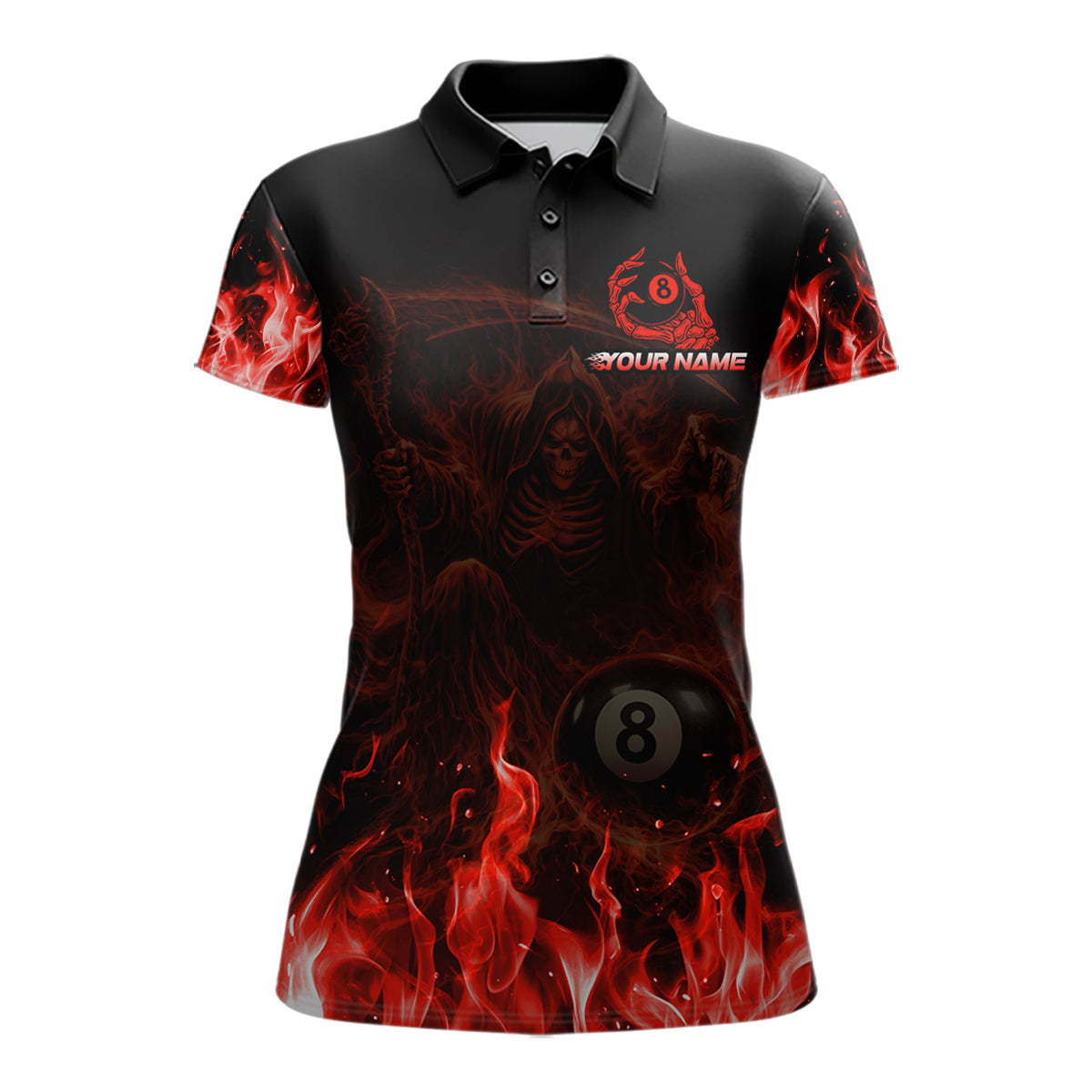 Custom Red Flaming Grim Reaper 8 Ball Billiard Pool Shirts For Women Bowling Polo & 1/4-Zip Jersey NYN2775
