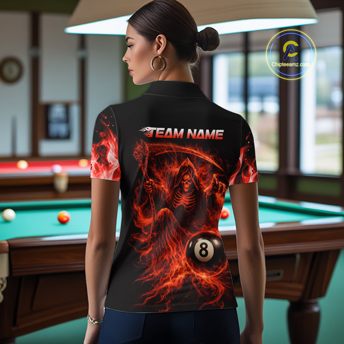Custom Red Flaming Grim Reaper 8 Ball Billiard Pool Shirts For Women Bowling Polo & 1/4-Zip Jersey NYN2775