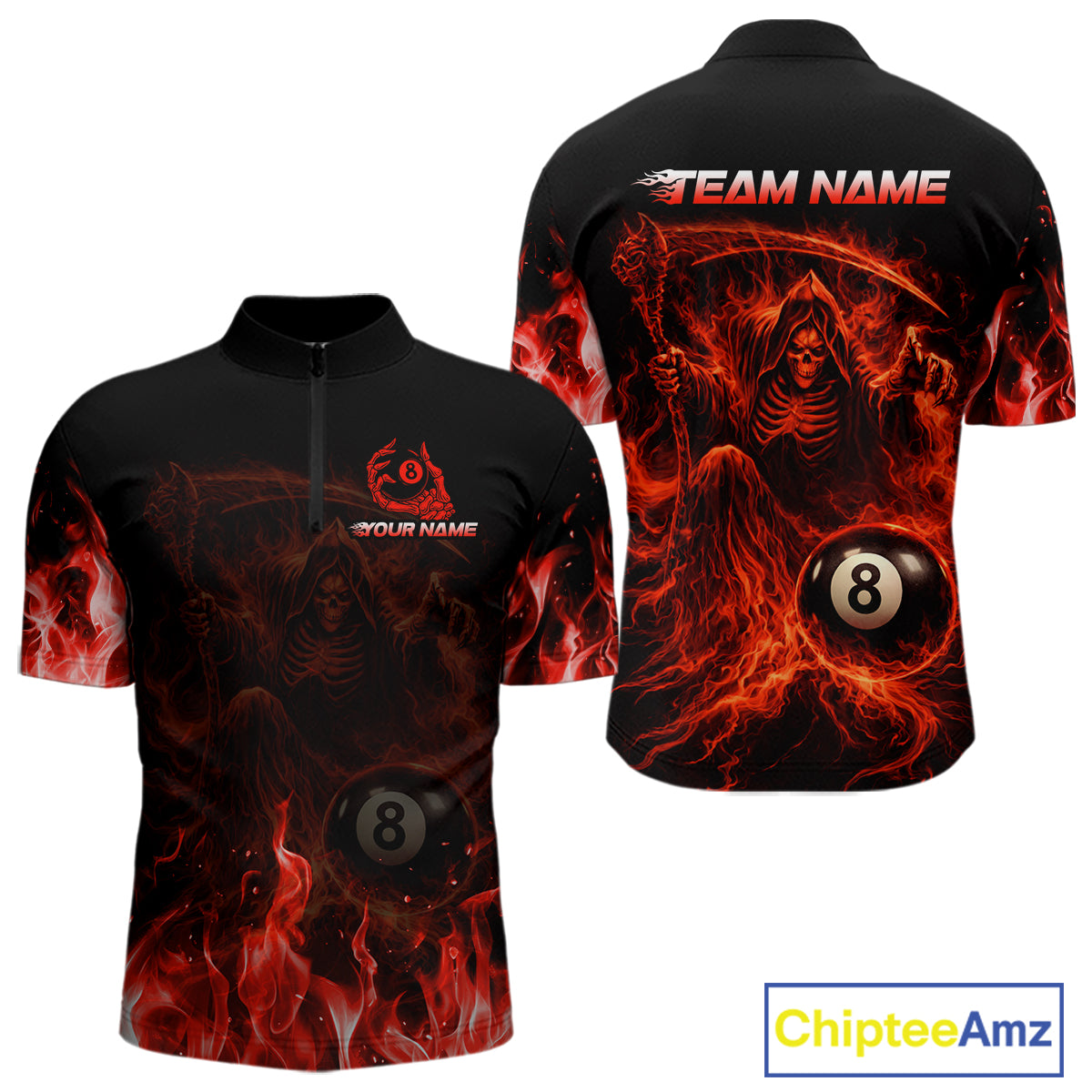 Custom Red Flaming Grim Reaper 8 Ball Billiard Pool Shirts For Men Bowling Polo & 1/4-Zip Jersey NYN2775