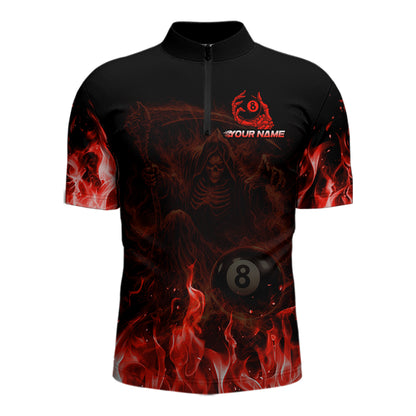 Custom Red Flaming Grim Reaper 8 Ball Billiard Pool Shirts For Men Bowling Polo & 1/4-Zip Jersey NYN2775