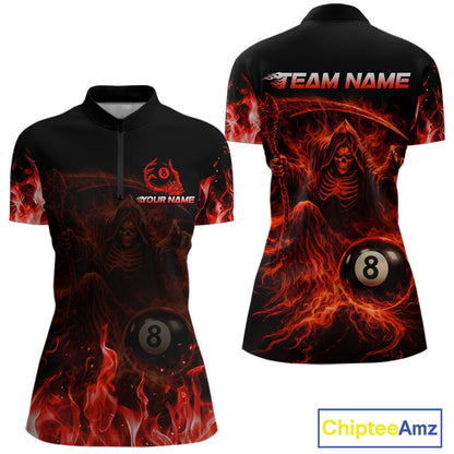 Custom Red Flaming Grim Reaper 8 Ball Billiard Pool Shirts For Women Bowling Polo & 1/4-Zip Jersey NYN2775