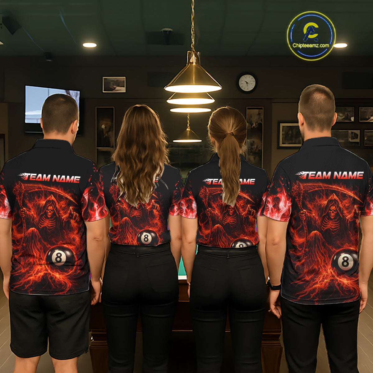 Custom Red Flaming Grim Reaper 8 Ball Billiard Pool Shirts For Men Bowling Polo & 1/4-Zip Jersey NYN2775