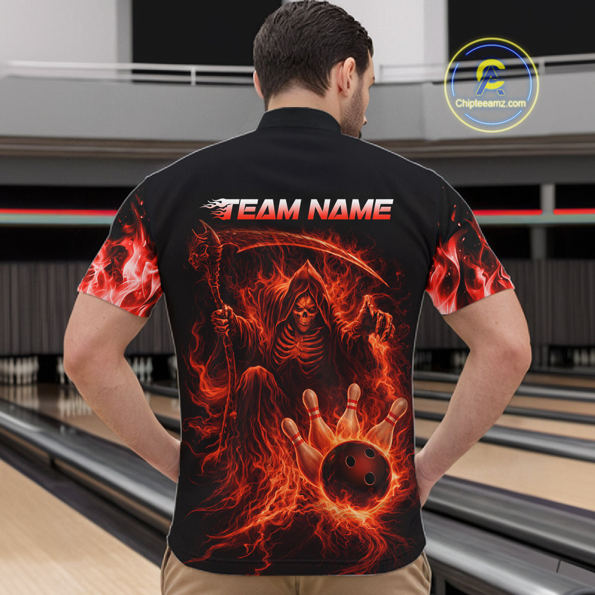 Personalized Red Flaming Grim Reaper Bowling Team Shirts For Women Bowling Polo & 1/4-Zip Jersey NYN2776