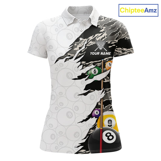 8 Ball 9 Ball Billiard Cue Shirt For Women Custom Grey Camo Pool Team Jersey