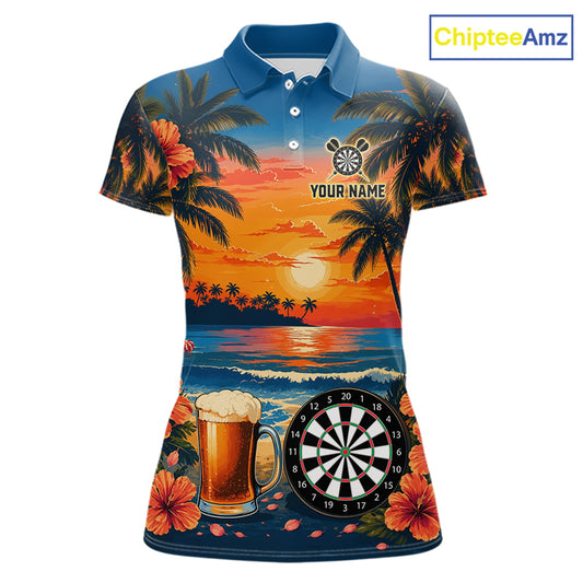 Funny Beer & Dartboard women's darts polo featuring tropical sunset, beer glass and dartboard graphics, custom darts team jersey, pub league apparel, steel tip & soft tip darts shirt, personalized tournament polo, vacation sportswear, moisture-wicking performance uniform
