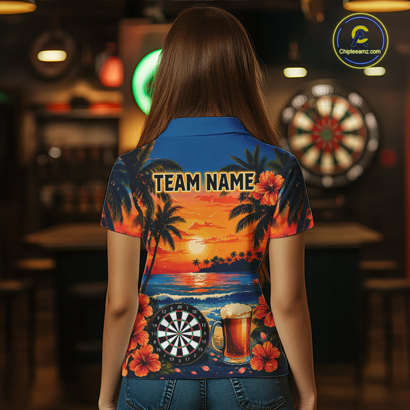 Female model wearing Funny Beer & Dartboard darts polo, custom women's dart league jersey, tropical tournament apparel, vacation-inspired athletic shirt, pub team uniform, personalized darts clothing