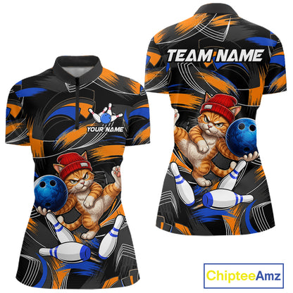 Blue And Orange Funny Cat Bowling Shirts For Women Personalized Bowling Team Name Outfits NYN3979