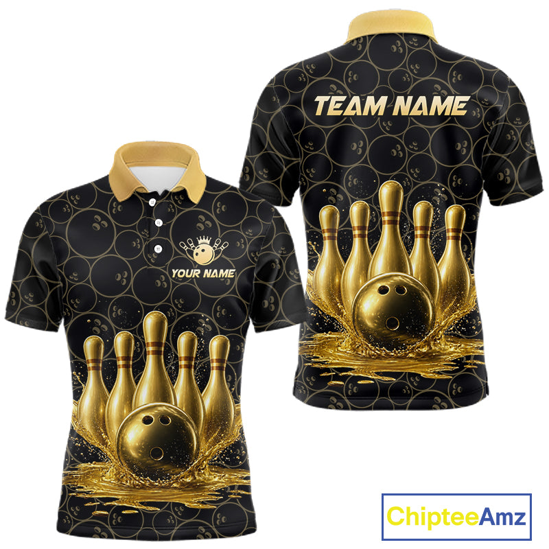 Splatter Gold Dripping Bowling And Pins Jerseys For Men Custom Bowling Ball Shirt Team Attire NYN3180