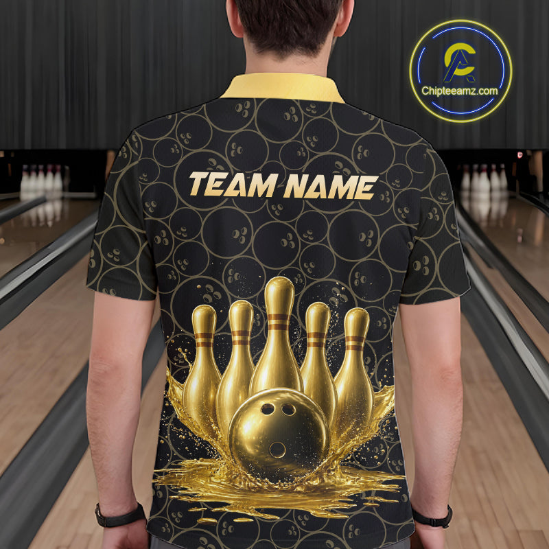 Splatter Gold Dripping Bowling And Pins Jerseys For Men Custom Bowling Ball Shirt Team Attire NYN3180