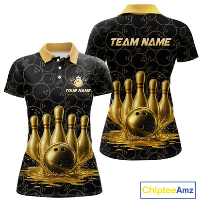 Splatter Gold Dripping Bowling And Pins Jerseys For Women Custom Bowling Ball Shirt Team Attire NYN3180
