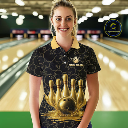 Splatter Gold Dripping Bowling And Pins Jerseys For Women Custom Bowling Ball Shirt Team Attire NYN3180
