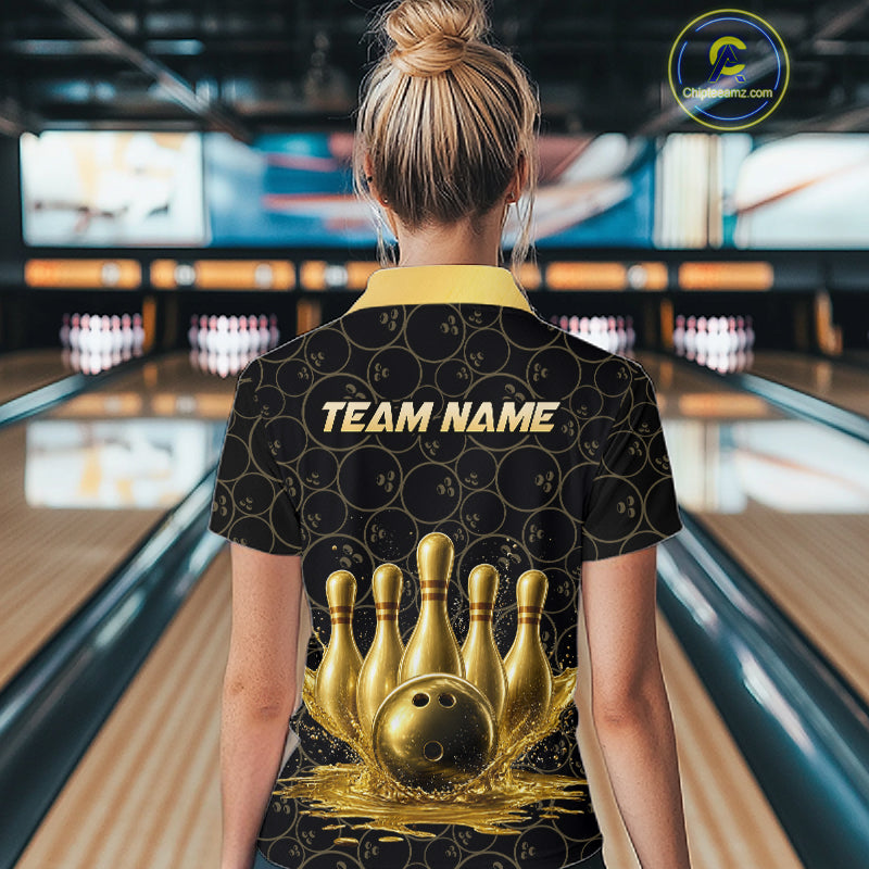 Splatter Gold Dripping Bowling And Pins Jerseys For Women Custom Bowling Ball Shirt Team Attire NYN3180