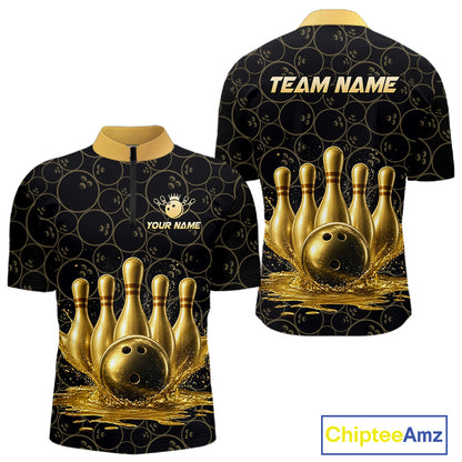 Splatter Gold Dripping Bowling And Pins Jerseys For Men Custom Bowling Ball Shirt Team Attire NYN3180