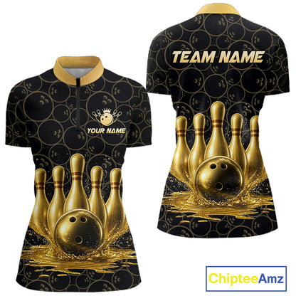 Splatter Gold Dripping Bowling And Pins Jerseys For Women Custom Bowling Ball Shirt Team Attire NYN3180