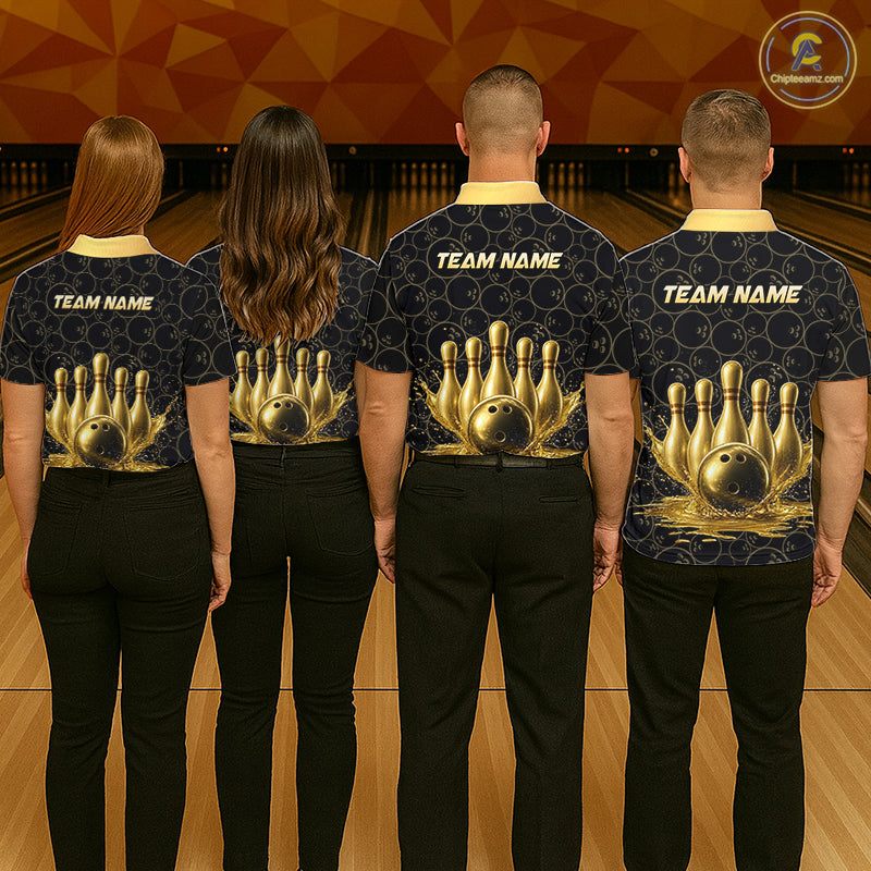 Splatter Gold Dripping Bowling And Pins Jerseys For Women Custom Bowling Ball Shirt Team Attire NYN3180