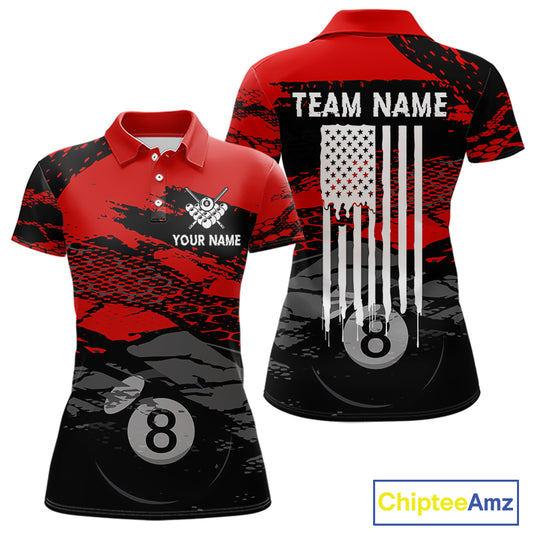 Grunge Black & Red 8 Ball women's billiard polo featuring distressed American Flag artwork, custom pool tournament jersey, patriotic cue sports apparel, league uniform, personalized championship team clothing
