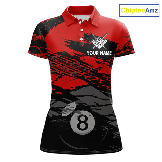 Grunge Black & Red 8 Ball women's billiard polo featuring distressed American Flag artwork, custom pool tournament jersey, patriotic cue sports apparel, league uniform, personalized championship team clothing