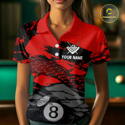 Female model wearing Grunge Black & Red women's billiard polo, personalized USA pool jersey, patriotic tournament apparel, custom cue sports performance clothing