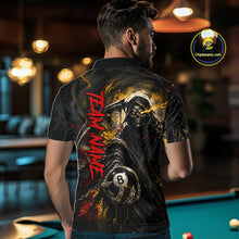 Load image into Gallery viewer, Male model wearing Grim Reaper billiard polo, custom gothic pool tournament jersey, biker-inspired cue sports apparel, personalized championship league clothing