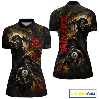 Grunge Yellow & Red Grim Reaper women's quarter-zip billiard jersey featuring bold skeleton artwork, personalized pool tournament apparel, custom gothic team uniform, championship cue sports clothing