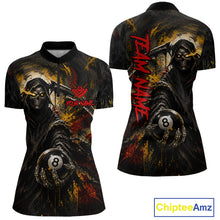 Load image into Gallery viewer, Grunge Yellow &amp; Red Grim Reaper women's quarter-zip billiard jersey featuring bold skeleton artwork, personalized pool tournament apparel, custom gothic team uniform, championship cue sports clothing