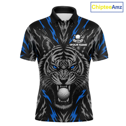 Custom Blue And Grey Tiger Golf Ball Team Attire Funny Golf Polo Golf Shirts For Men NYN3994