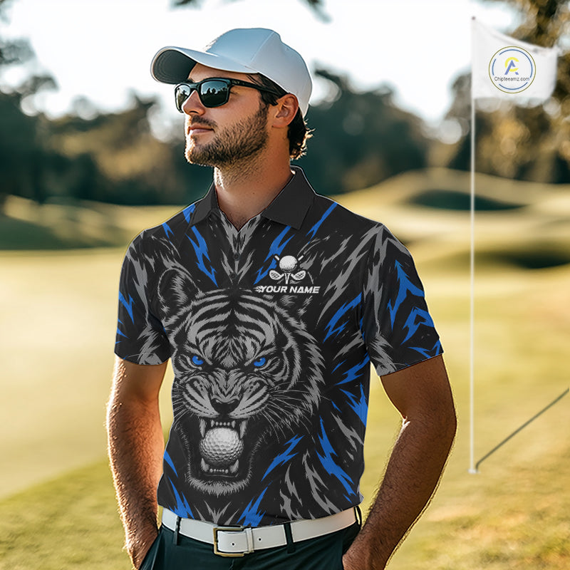 Custom Blue And Grey Tiger Golf Ball Team Attire Funny Golf Polo Golf Shirts For Men NYN3994