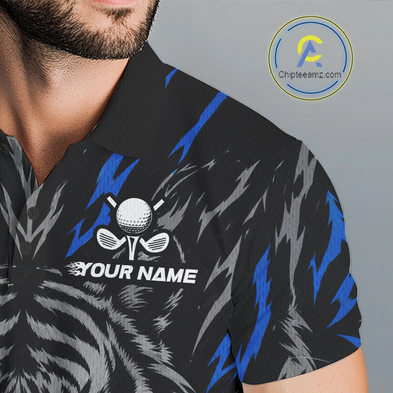 Custom Blue And Grey Tiger Golf Ball Team Attire Funny Golf Polo Golf Shirts For Men NYN3994