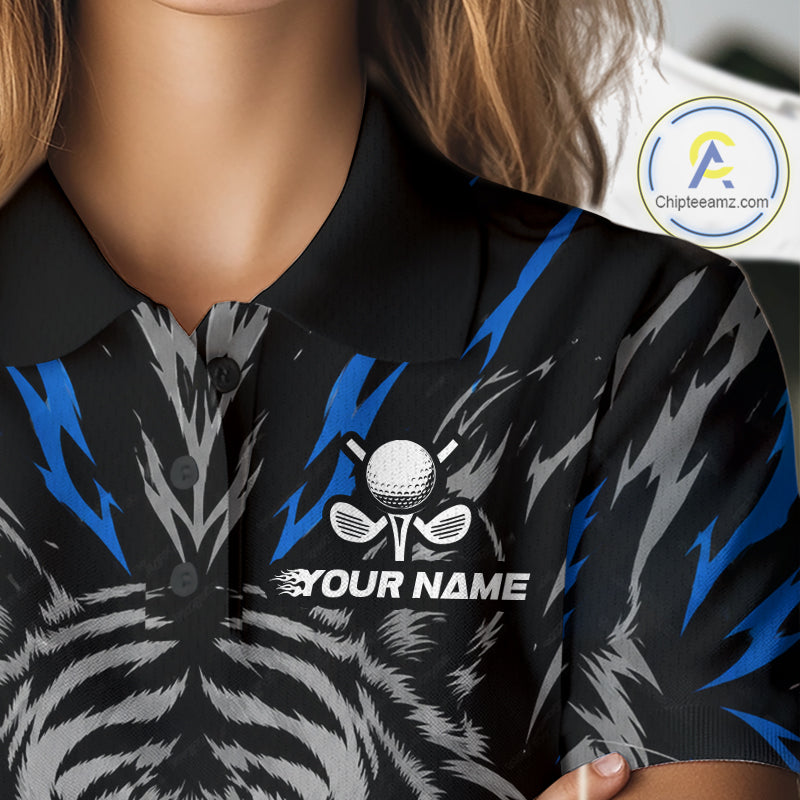 Custom Blue And Grey Tiger Golf Ball Team Attire Funny Golf Polo Golf Shirts For Women NYN3994