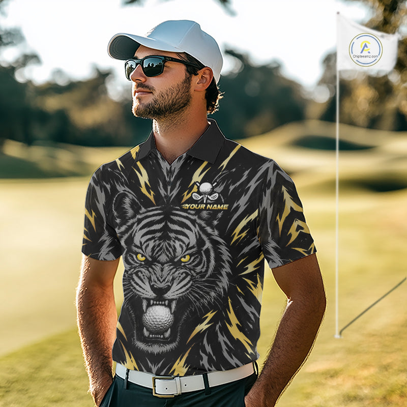Custom Gold And Grey Tiger Golf Ball Team Attire Funny Golf Polo Golf Shirts For Men NYN3995
