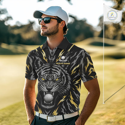 Custom Gold And Grey Tiger Golf Ball Team Attire Funny Golf Polo Golf Shirts For Men NYN3995