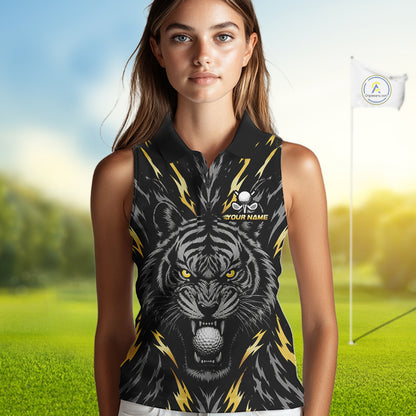 Custom Gold And Grey Tiger Golf Ball Team Attire Funny Sleeveless Golf Polo Golf Shirts For Women NYN3995