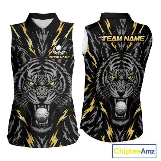 Custom Gold And Grey Tiger Golf Ball Team Attire Funny Sleeveless Golf Polo Golf Shirts For Women NYN3995
