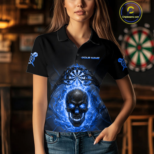 Custom Blue Flames Skull Broken Glass Women Darts Polo Shirt Outfits Dart Jerseys NYN1903