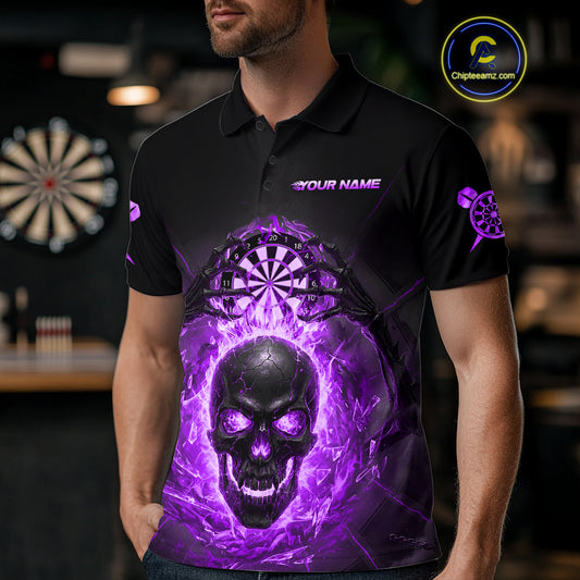 Custom Purple Flames Skull Broken Glass Men Darts Polo Shirt Outfits Dart Jerseys NYN1904