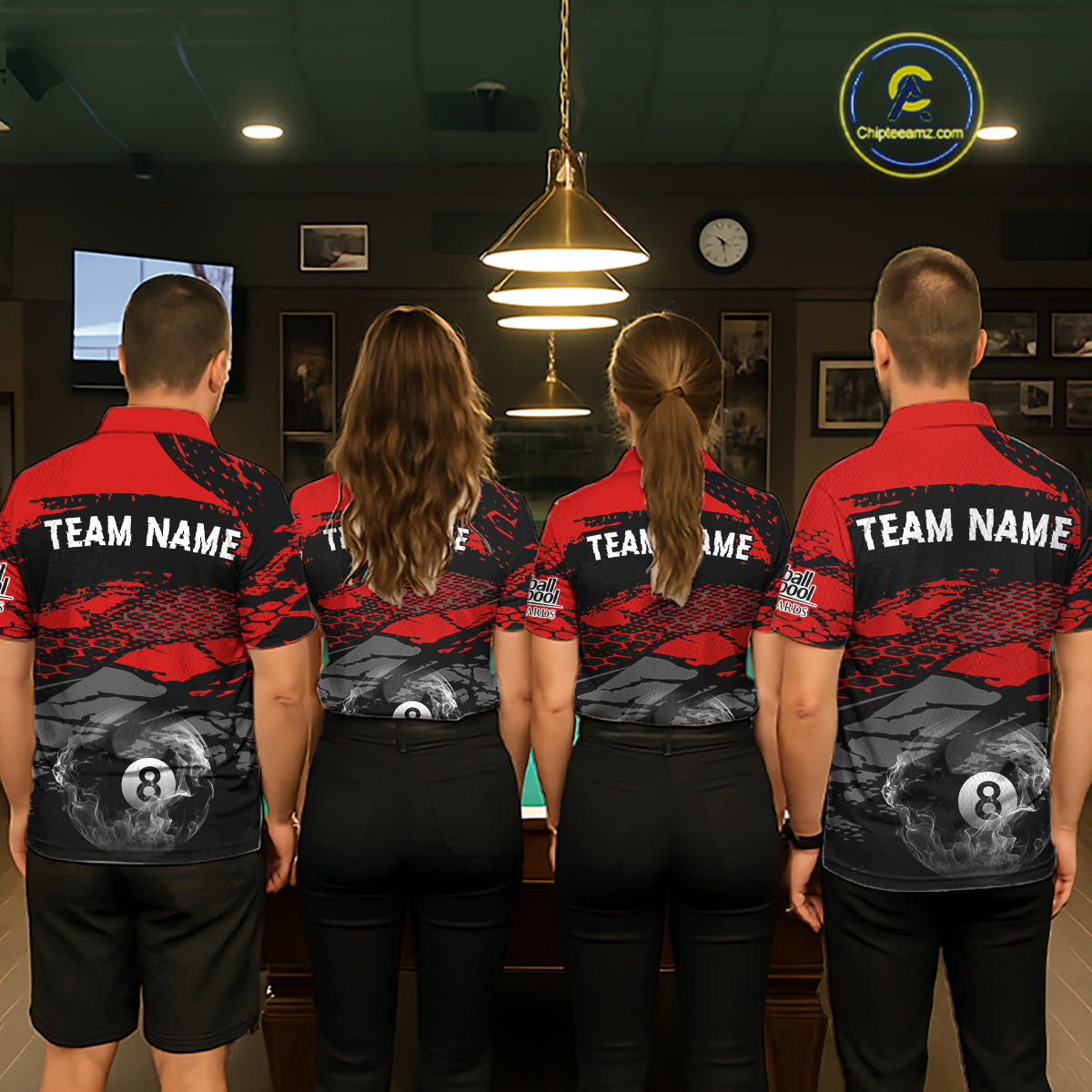 Black & Red Grunge 8 Ball Pool Men Billiard Polo & 1/4-Zip Jersey Custom Billiard Shirt Designs NYN2411