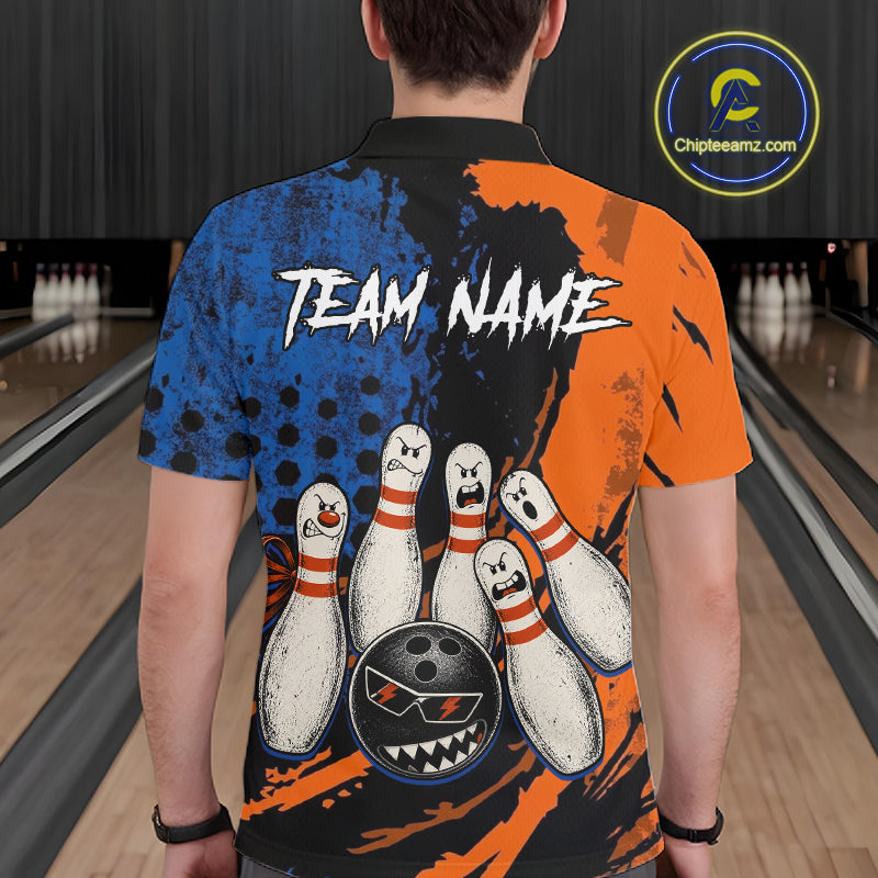 Custom Grunge Orange And Blue Angry Men Bowling Ball & Pins Shirts Funny Bowling Team Outfits NYN3185