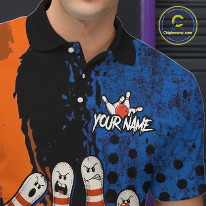 Custom Grunge Orange And Blue Angry Men Bowling Ball & Pins Shirts Funny Bowling Team Outfits NYN3185