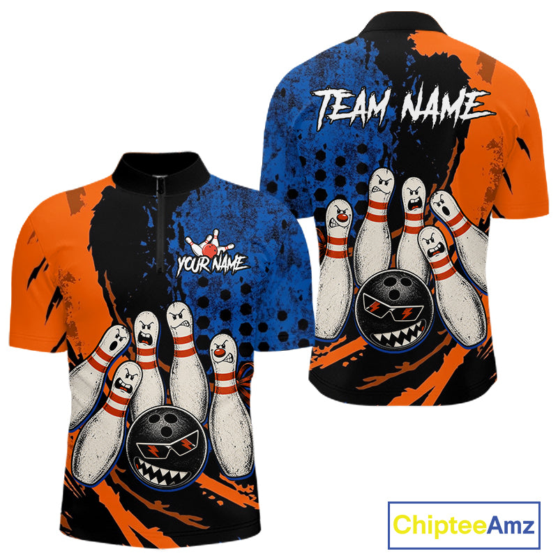 Custom Grunge Orange And Blue Angry Men Bowling Ball & Pins Shirts Funny Bowling Team Outfits NYN3185