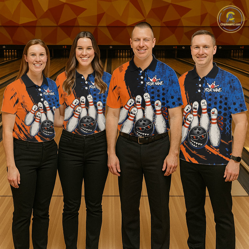 Custom Grunge Orange And Blue Angry Men Bowling Ball & Pins Shirts Funny Bowling Team Outfits NYN3185