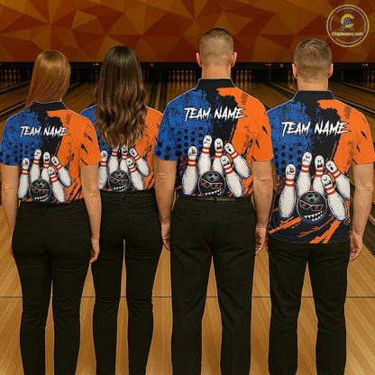 Custom Grunge Orange And Blue Angry Men Bowling Ball & Pins Shirts Funny Bowling Team Outfits NYN3185