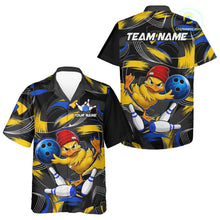 Load image into Gallery viewer, Blue and Yellow Funny Duck bowling Hawaiian shirt featuring humorous duck mascot graphics, tropical bowling button-up shirt, custom aloha team apparel, personalized league uniform, fun summer bowling vacation clothing