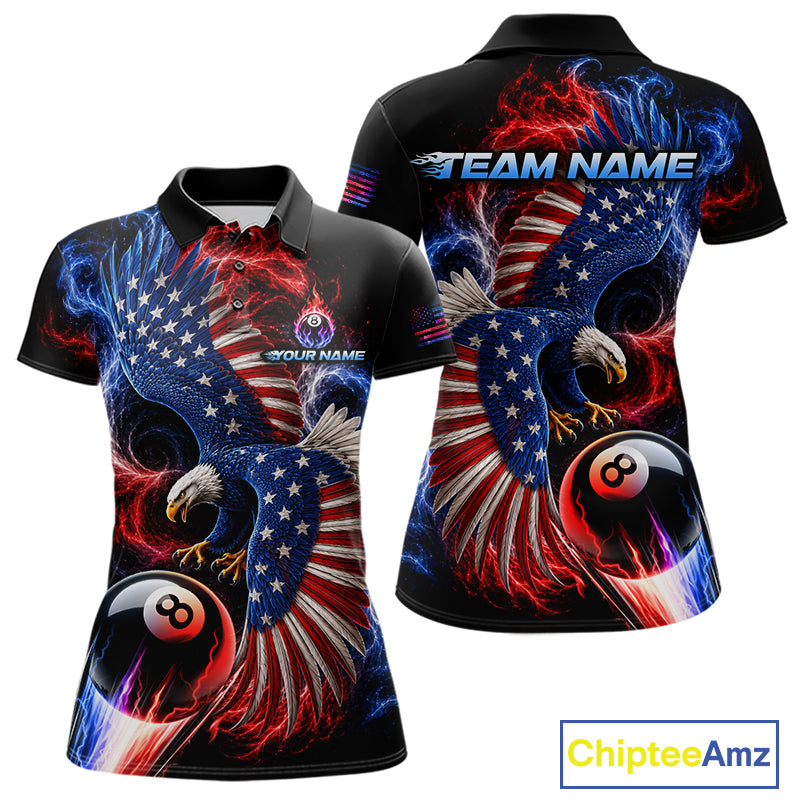 Custom Thunder 8 Ball Pool Jersey For Women US Flag Fire Eagle Billiard Polo Quarter-Zip Shirt NYN4008