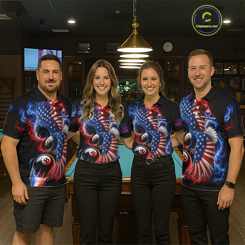 Custom Thunder 8 Ball Pool Jersey For Men US Flag Fire Eagle Billiard Polo Quarter-Zip Shirt NYN4008