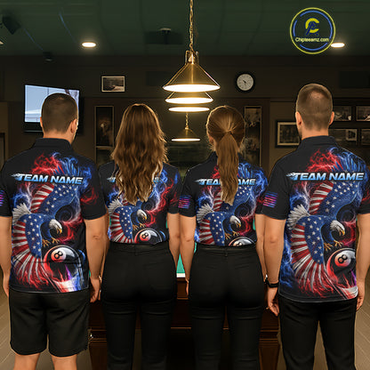 Custom Thunder 8 Ball Pool Jersey For Men US Flag Fire Eagle Billiard Polo Quarter-Zip Shirt NYN4008