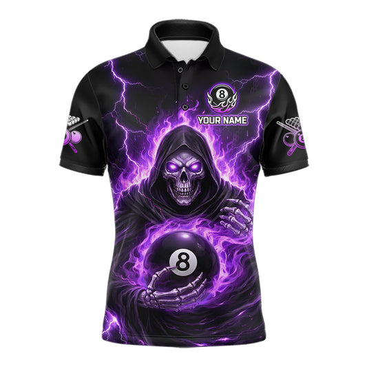 Fire Flame Grim Reaper Holding 8 Ball Pool Men Polo & 1/4-Zip Shirt Personalized Billiard Gifts NYN2434