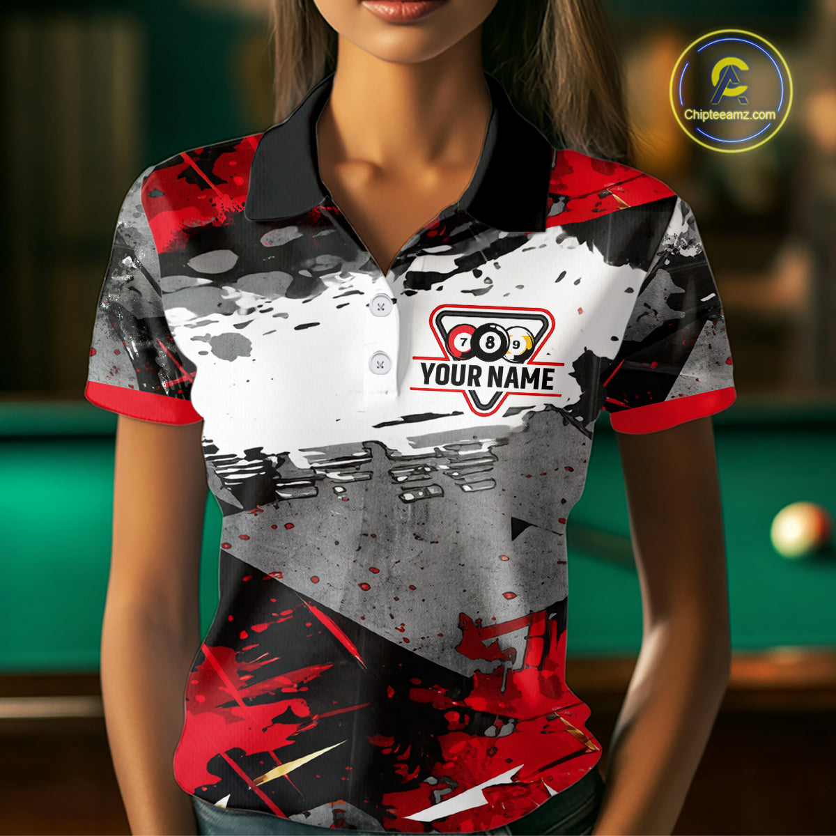 Black, White And Red Grunge Paint Billiard Pool Shirts For Women Custom 8 Ball Billiard Team Attire NYN3019